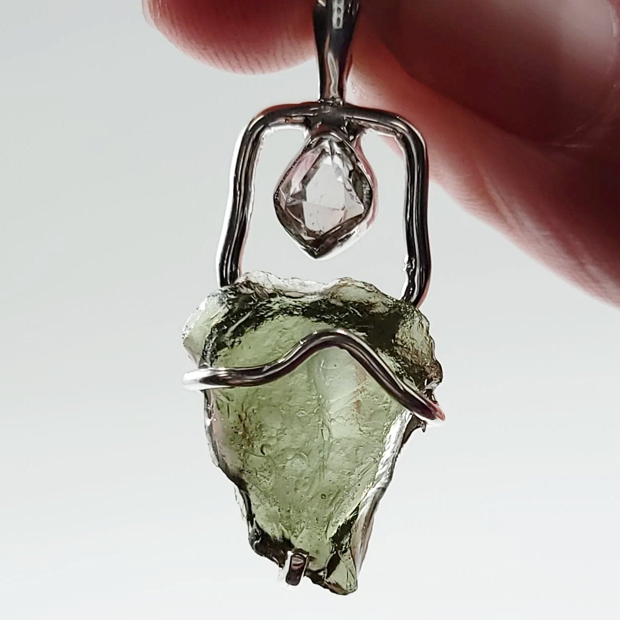 Moldavite & Herkimer Diamond Pendant Sterling Silver Rough Free Form - Elevated Metaphysical