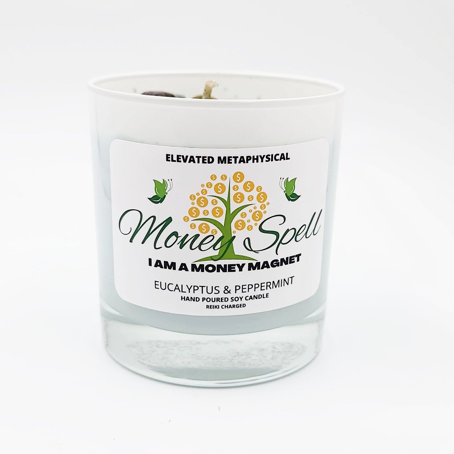 Money Spell Crystal Candle Eucalyptus & Peppermint Scented 11oz 310g - Elevated Metaphysical