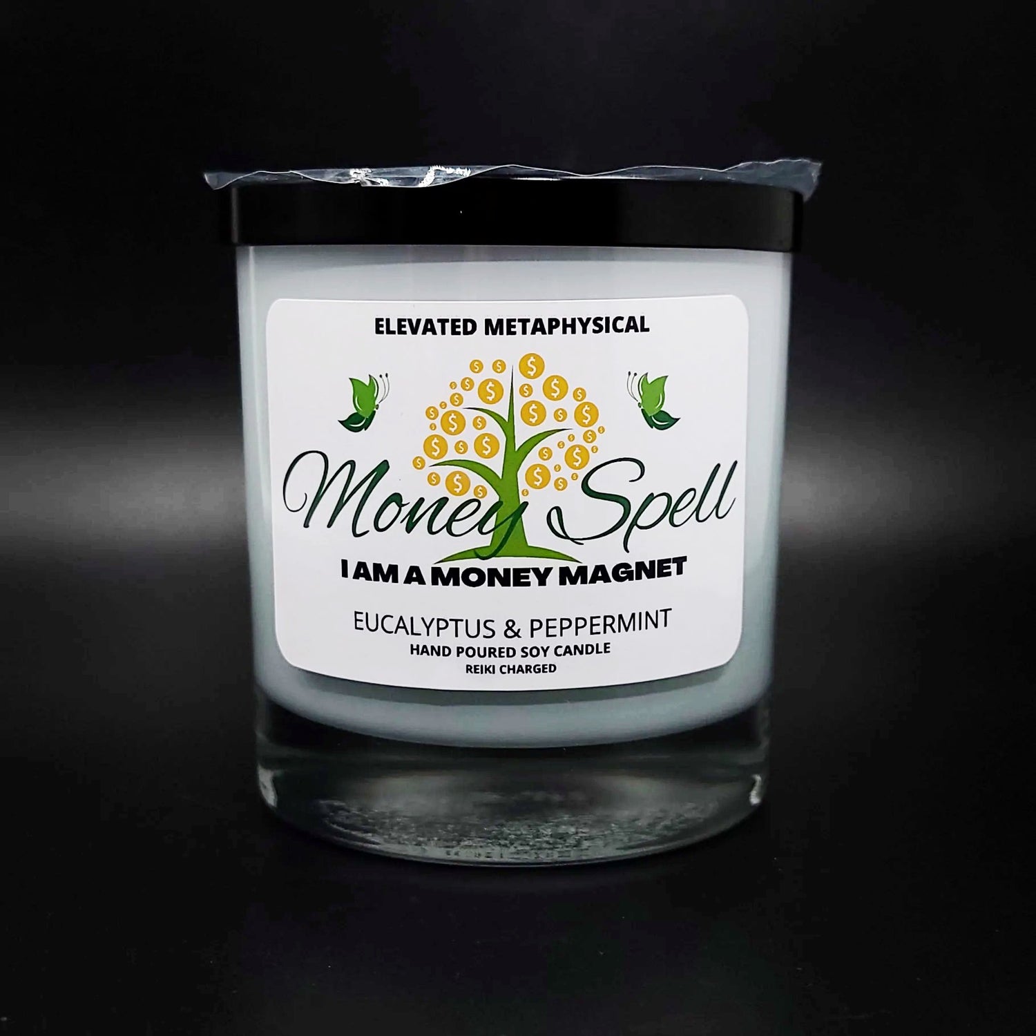 Money Spell Crystal Candle Eucalyptus & Peppermint Scented 11oz 310g - Elevated Metaphysical