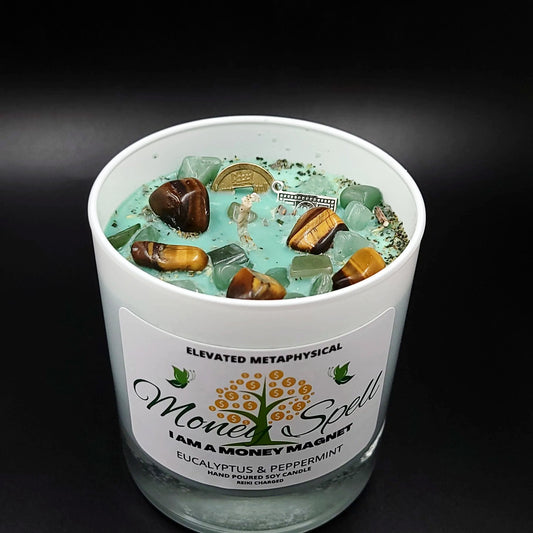 Money Spell Crystal Candle Eucalyptus & Peppermint Scented 11oz 310g - Elevated Metaphysical