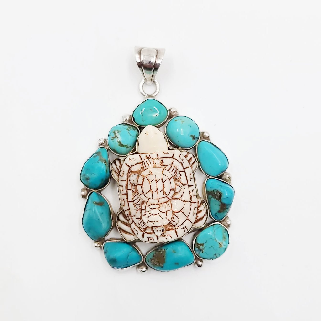 Turquoise Turtle Sterling Silver Pendant Large