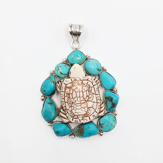 Turquoise Turtle Sterling Silver Pendant Large