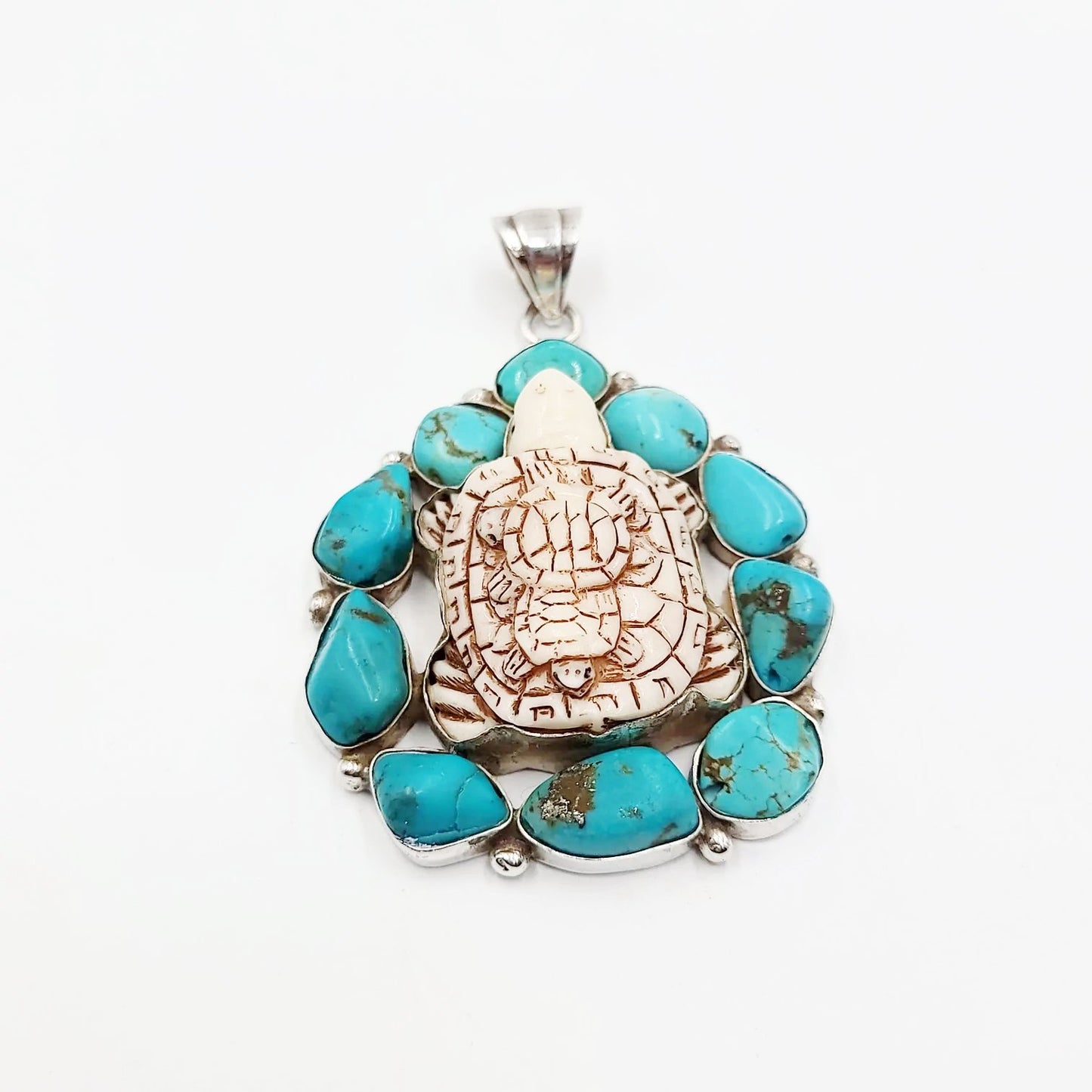 Turquoise Turtle Sterling Silver Pendant Large