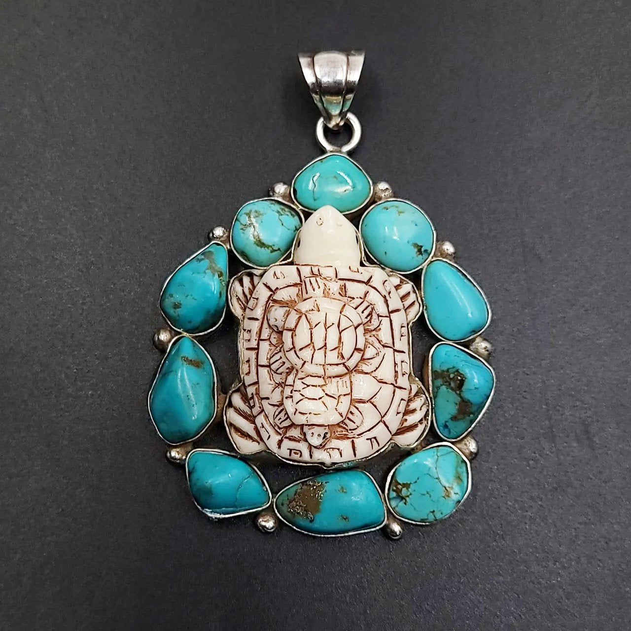 Turquoise Turtle Sterling Silver Pendant Large