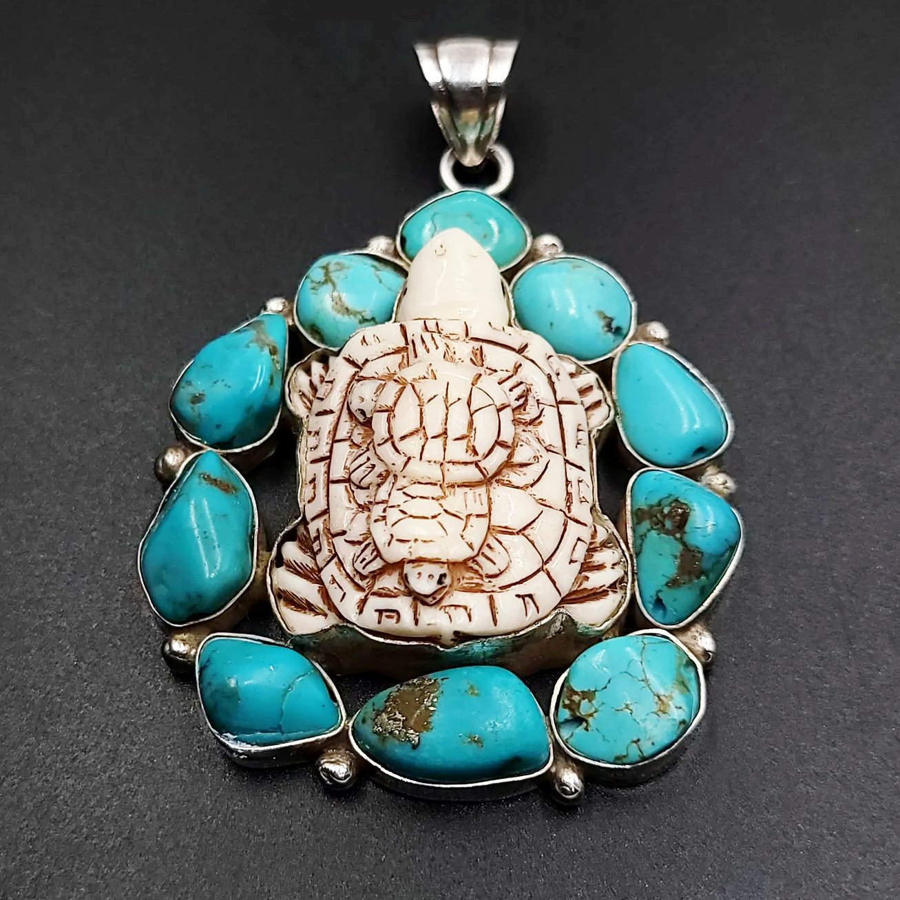 Turquoise Turtle Sterling Silver Pendant Large