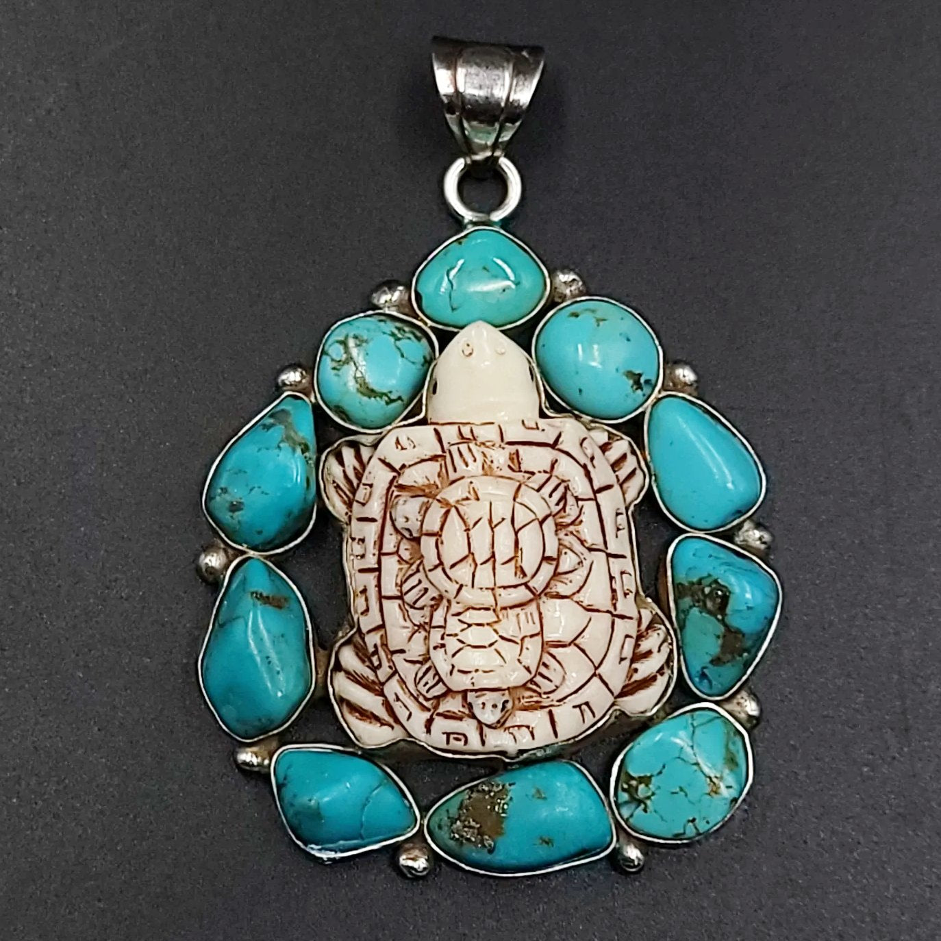 Turquoise Turtle Sterling Silver Pendant Large