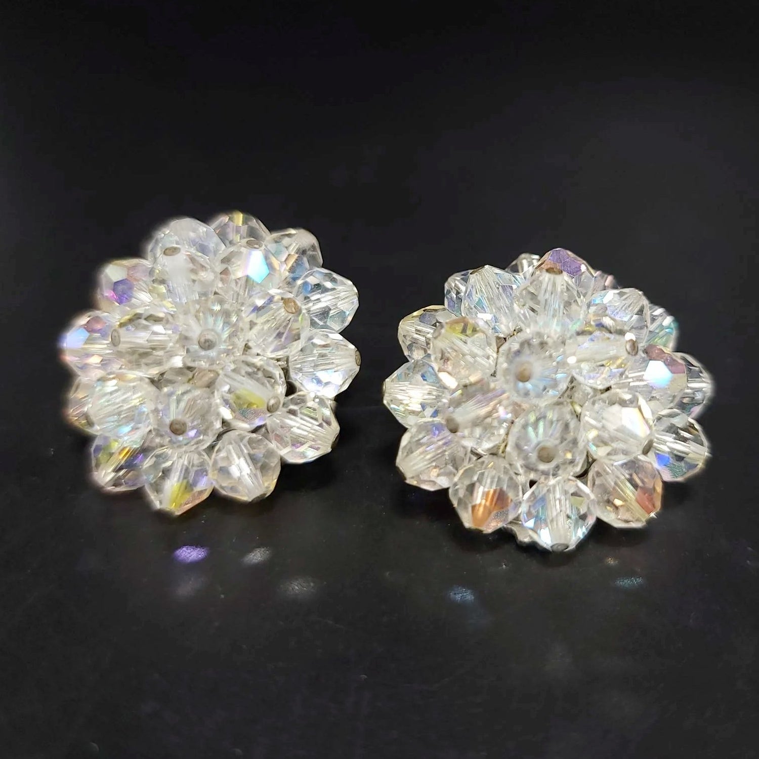 Laguna Aurora Borealis Crystal Bead Cluster Clip On Earrings Vintage Signed - Elevated Metaphysical