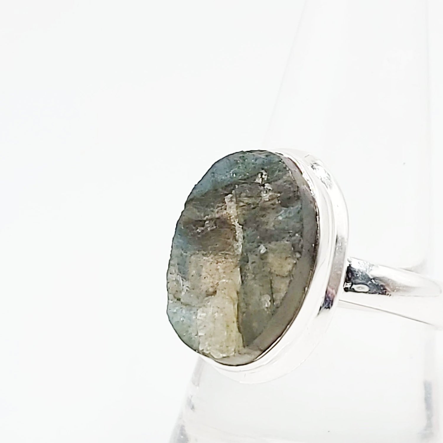 Labradorite Ring Sterling Silver Oval Rough Green/Blue Stone - Elevated Metaphysical