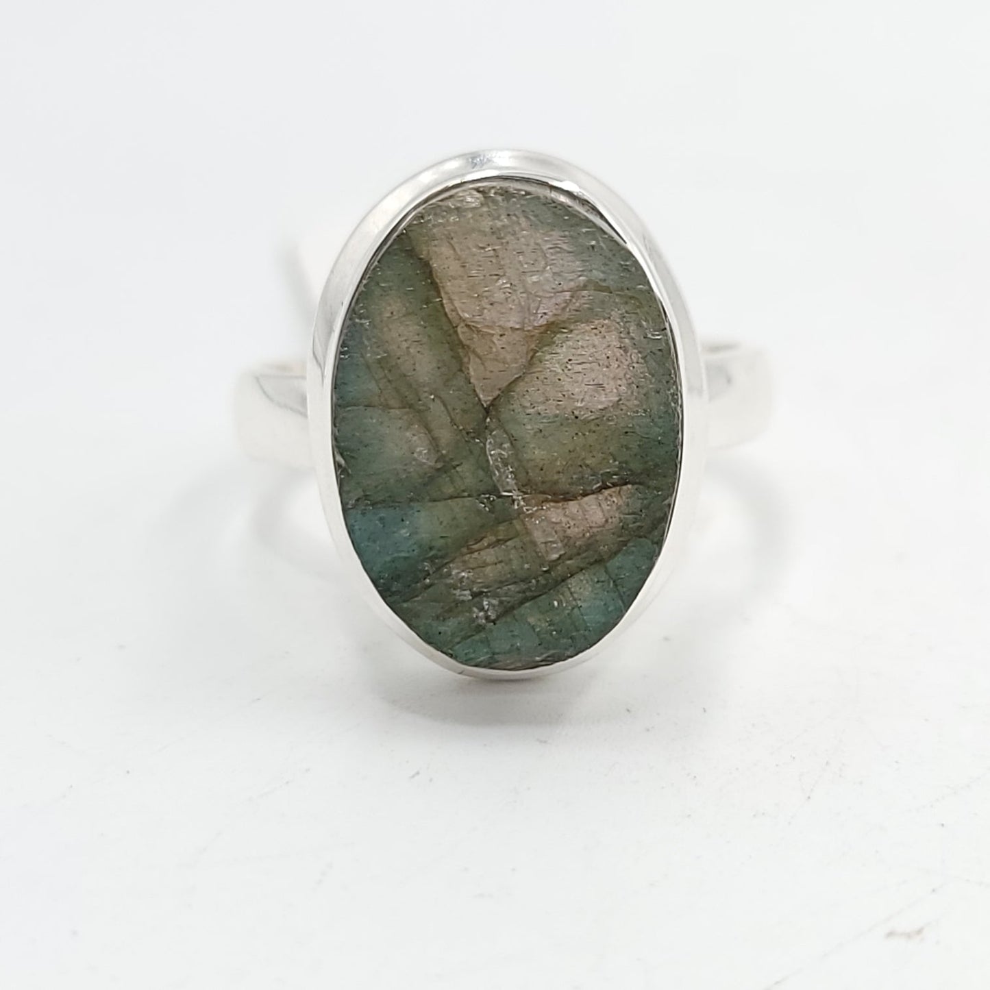 Labradorite Ring Sterling Silver Oval Rough Green/Blue Stone - Elevated Metaphysical