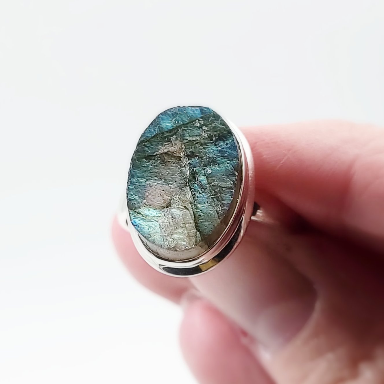 Labradorite Ring Sterling Silver Oval Rough Green/Blue Stone - Elevated Metaphysical