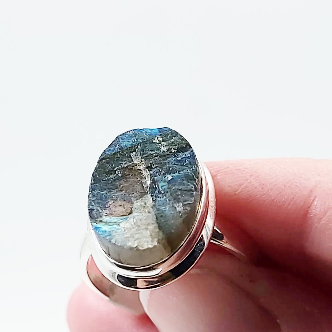 Labradorite Ring Sterling Silver Oval Rough Green/Blue Stone - Elevated Metaphysical