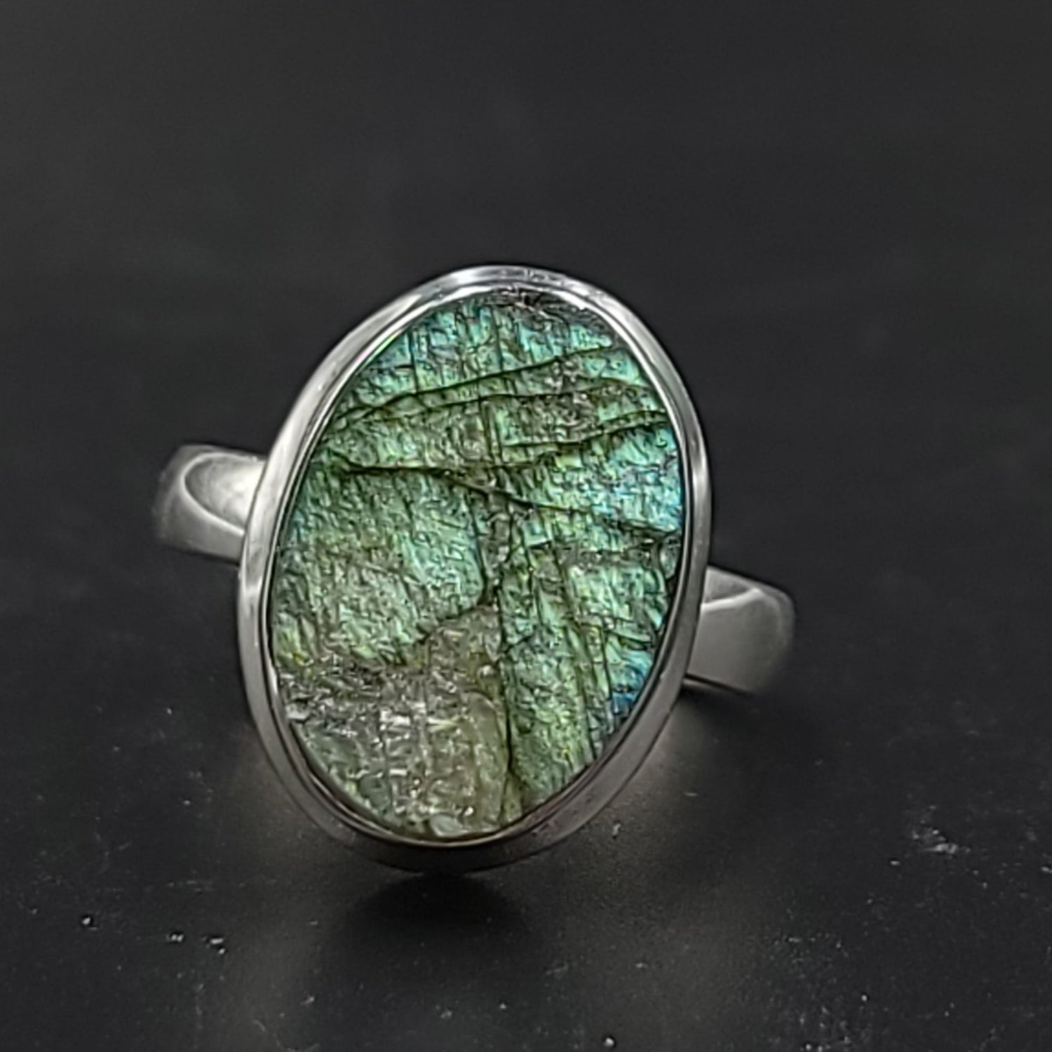 Labradorite Ring Sterling Silver Oval Rough Green/Blue Stone - Elevated Metaphysical