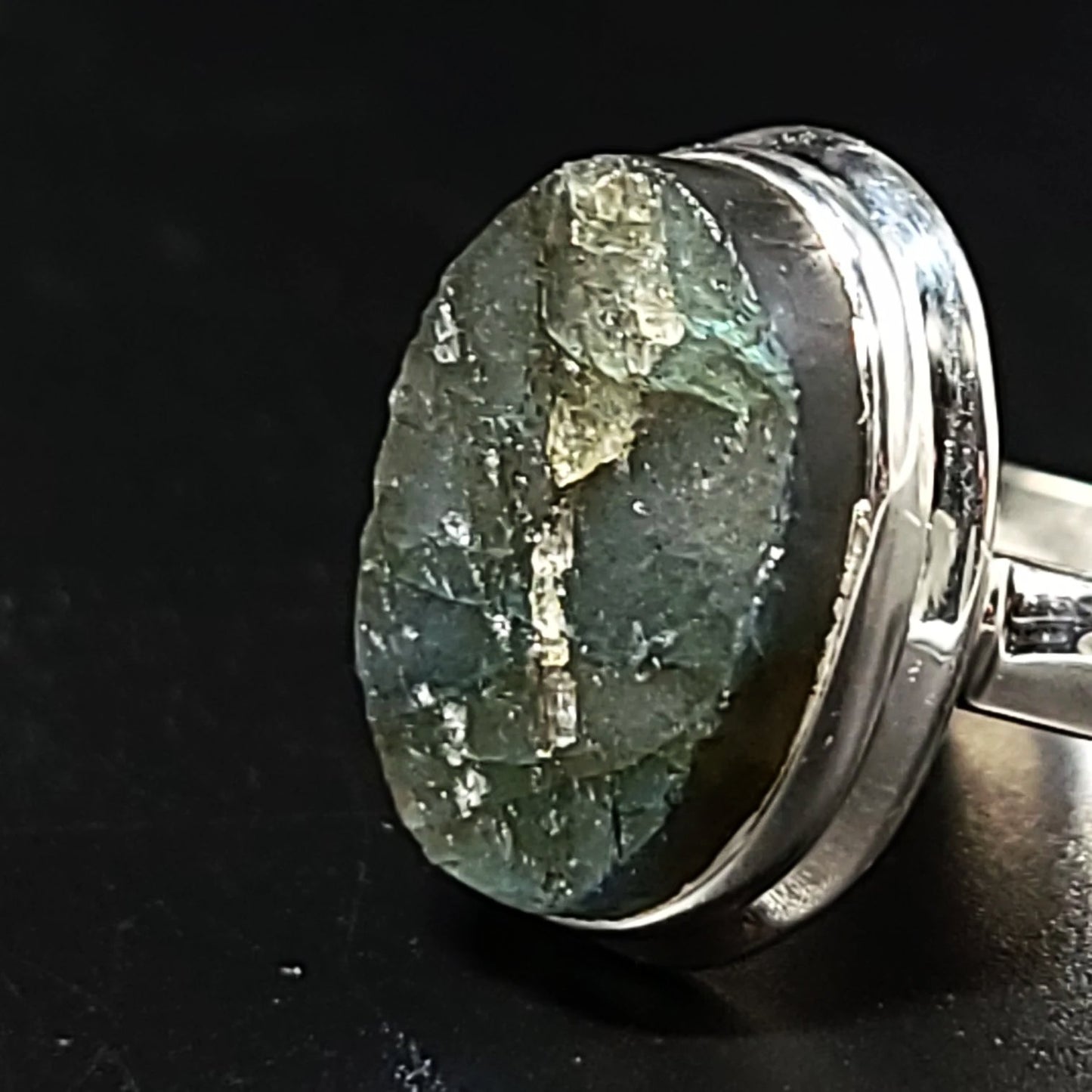 Labradorite Ring Sterling Silver Oval Rough Green/Blue Stone - Elevated Metaphysical