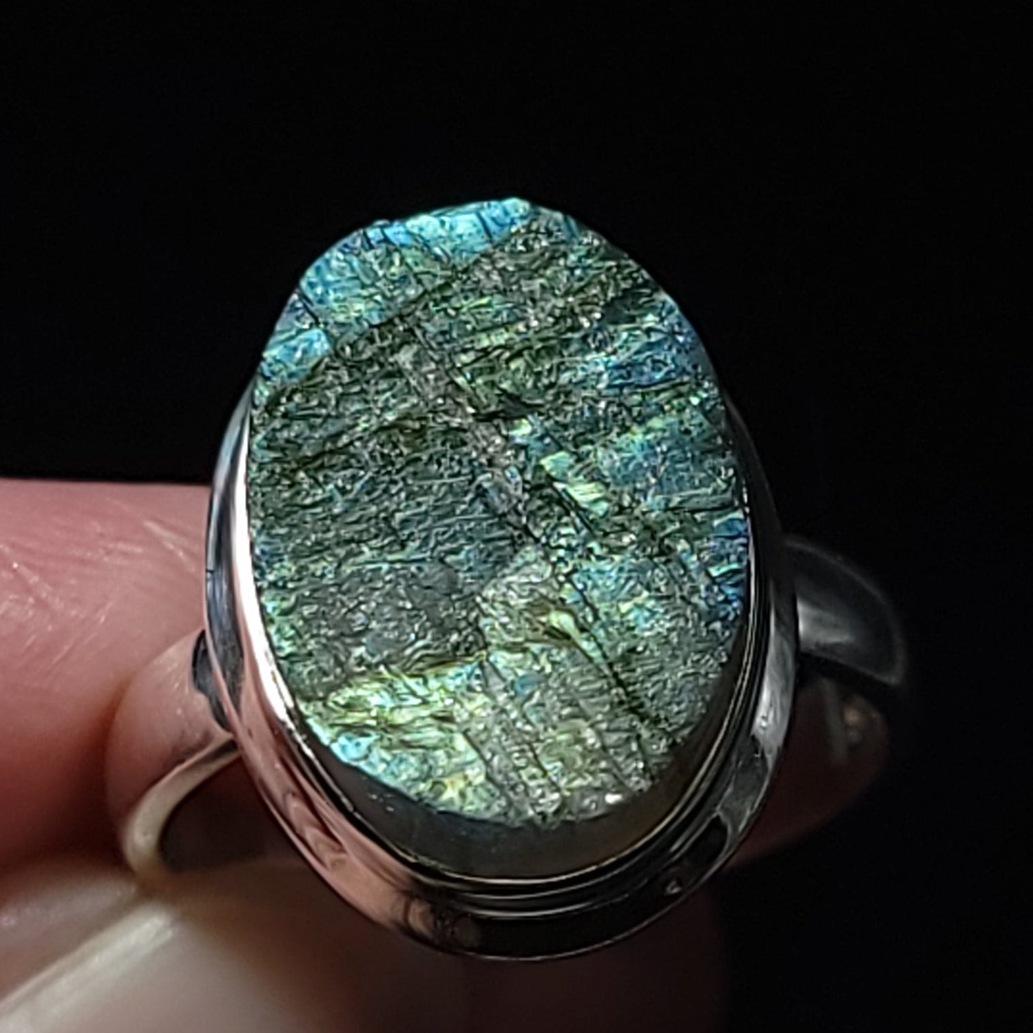 Labradorite Ring Sterling Silver Oval Rough Green/Blue Stone - Elevated Metaphysical
