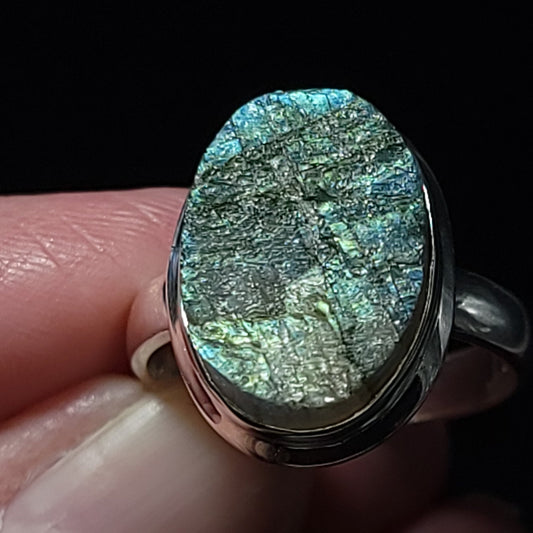 Labradorite Ring Sterling Silver Oval Rough Green/Blue Stone - Elevated Metaphysical