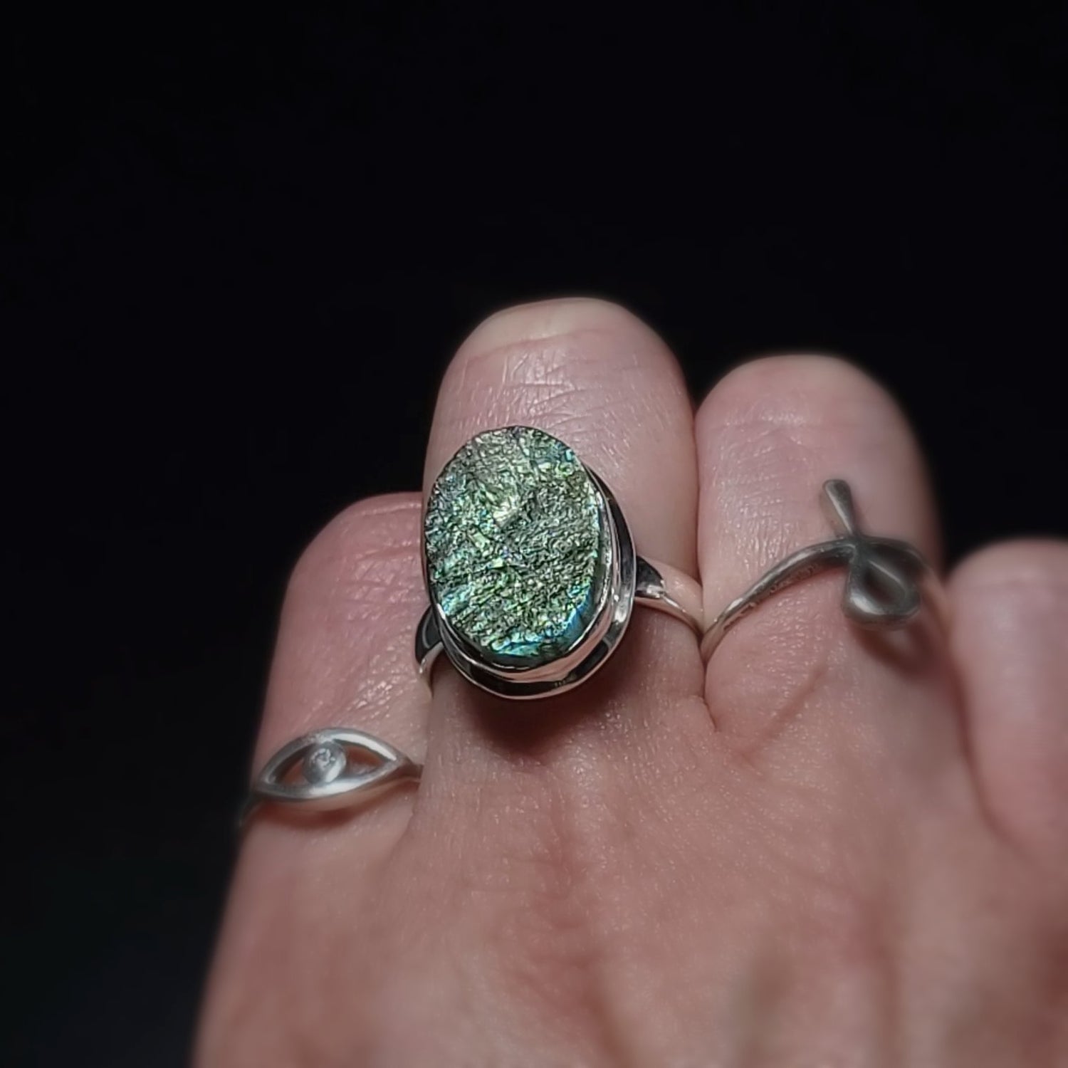 Labradorite Ring Sterling Silver Oval Rough Green/Blue Stone - Elevated Metaphysical