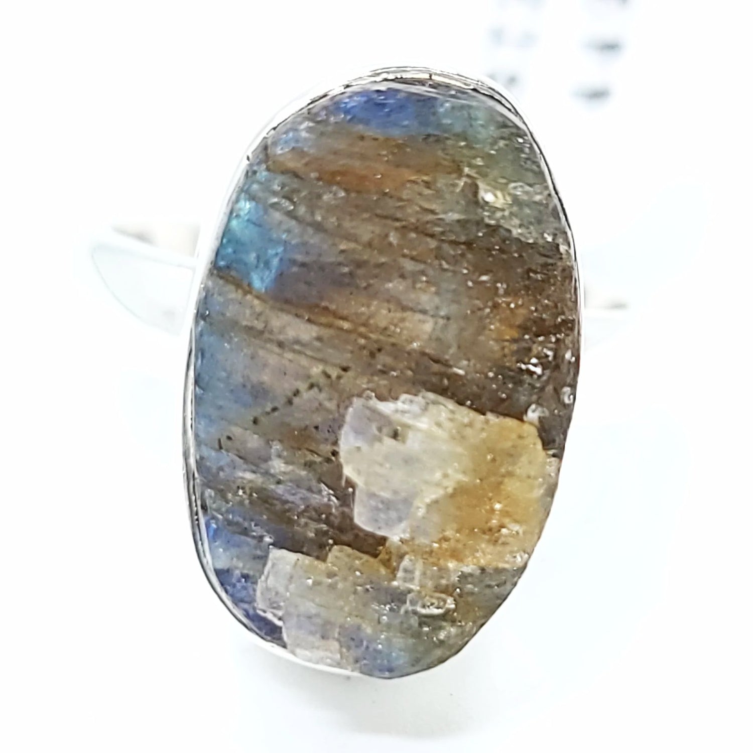 Labradorite Ring Sterling Silver Oval Rough Blue/Green Stone - Elevated Metaphysical