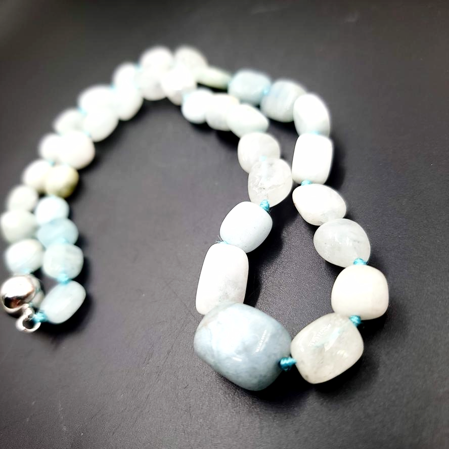 Aquamarine Bead Necklace Tumbled Stones 20" 51cm